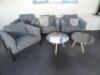 4 x Grey Fabric Reception Chairs on Metal Legs. Comes with 2 x Coffee Tables & 2 x Scatter Cushions. - 6