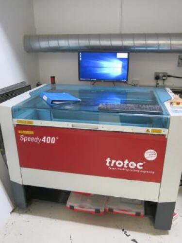 Trotec Speedy 400 Laser, Marking, Cutting & Engraving Machine. S/N S4-0384, DOM 11/2013. Comes with PC Running Windows 10 Pro, Intel Core i9-7900X, CPU @ 3.30GHz, 64GB RAM.