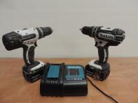 2 x Makita Cordless Combi Drills & Battery Charger to Include: 1 x Makita DHP453, 1 x Makita DHP482, 1 x Makita Battery Charger, Model DC18SD & 2 x Makita 18v Lithium Batteries, Model BL18405/BL1830.