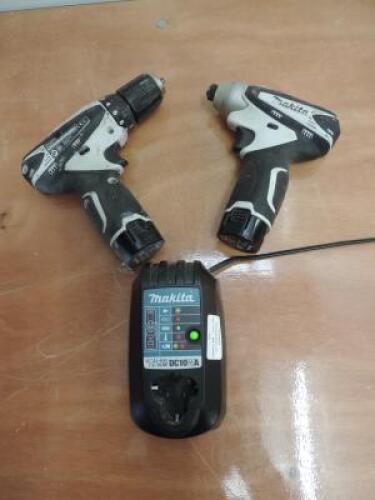 2 x Makita Combi Drill/Driver Cordless Set & Battery Charger to Include: 1 x Makita TD090D, 1 x Makita DF330D, 1 x Makita Battery Charger, Model DC10WA & 2 x Makita 10.8v Li-on Batteries, Model BL1013.