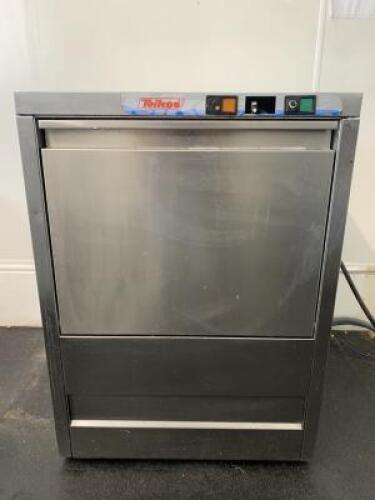 Teikos Glasswasher, Type TS601 DET PS. Comes with 1 Tray. Size H83cm x W60cm x D60cm. NOTE: damage to button (As Viewed).