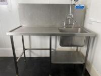 Stainless Steel Single Bowl Sink with Left Hand Drainer, Stainless Steel Splash Back, Pre Rinse, Lever Taps & Part Shelf Under. Size H93cm x W150cm x D65cm.