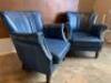 Pair of High Back Armchairs Upholstered in Blue Faux Leather with Stud Detail and Wooden Feet. Size H74cm x W72cm x D80cm. NOTE: repair to 1 x foot (As Viewed/Pictured). - 2