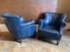 Pair of High Back Armchairs Upholstered in Blue Faux Leather with Stud Detail and Wooden Feet. Size H74cm x W72cm x D80cm. NOTE: repair to 1 x foot (As Viewed/Pictured). - 3