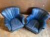 Pair of High Back Armchairs Upholstered in Blue Faux Leather with Stud Detail and Wooden Feet. Size H74cm x W72cm x D80cm. NOTE: repair to 1 x foot (As Viewed/Pictured). - 5