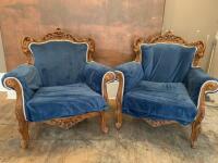 Pair of Wooden Framed Armchairs Upholstered in Blue Velour Fabric. Size H95cm x W90cm x D87cm. NOTE: chairs require re-upholstering/cleaning.