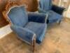 Pair of Wooden Framed Armchairs Upholstered in Blue Velour Fabric. Size H95cm x W90cm x D87cm. NOTE: chairs require re-upholstering/cleaning. - 2