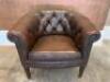 Brown Leather Button Back Arm Chair with Stud Detail on Wooden Feet. Size H70cm x W77cm x D70cm. - 4