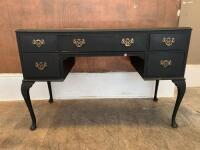 5 Drawer Stained Black Wooden Desk with Leather Inlay Top, Brass Handles & Button Pad Feet. Size H72cm x W110cm x D47cm.