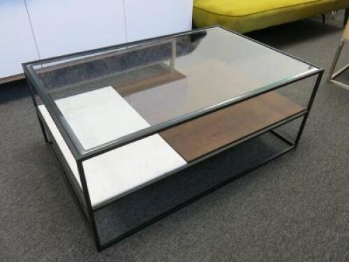 Glass Top Coffee Table with White Marble & Wood Shelf Under in Black Metal Frame. Size H40cm x W100cm x D65cm.