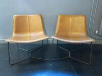 Pair of Westelm Brown Leather Sling Back Chairs on Metal Frame. Size H71cm x W66cm x D66cm.