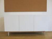 Wooden 3 Door Cabinet in White with Shelves. Size H79 x W160cm x D45cm. NOTE: back panel cut out.