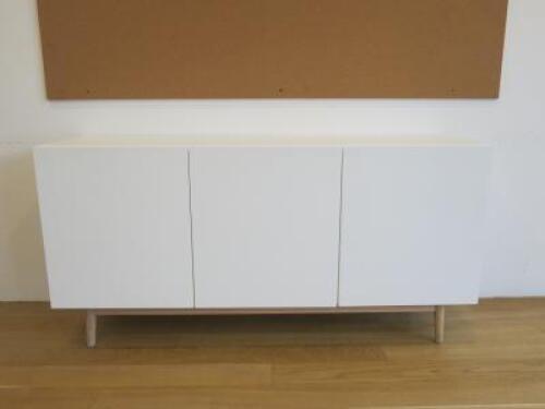 Wooden 3 Door Cabinet in White with Shelves. Size H79 x W160cm x D45cm.