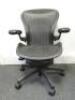 Herman Miller Aeron Ergonomic Adjustable Mesh Office Chair in Graphite Grey with Adjustable Arm Rests & Leather Padded Arm Caps, Size B.