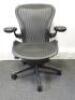 Herman Miller Aeron Ergonomic Adjustable Mesh Office Chair in Graphite Grey with Adjustable Arm Rests & Leather Padded Arm Caps, Size B.