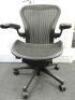 Herman Miller Aeron Ergonomic Adjustable Mesh Office Chair in Graphite Grey with Adjustable Arm Rests & Leather Padded Arm Caps, Size B.