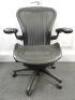 Herman Miller Aeron Ergonomic Adjustable Mesh Office Chair in Graphite Grey with Adjustable Arm Rests & Leather Padded Arm Caps, Size B.