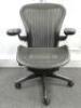 Herman Miller Aeron Ergonomic Adjustable Mesh Office Chair in Graphite Grey with Adjustable Arm Rests & Leather Padded Arm Caps, Size B.