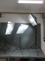 3 x Pixapro Professional Studio Lighting Kit to Include: 2 x Pixapro 135W Studio Lights with Tripod Stands & 1 x Pixapro 135W Studio Light with Tripod & Boom Stand. Comes with Neewer Carry Bag.