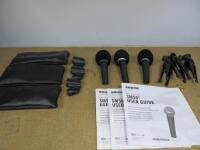 3 x Shure Unidirectional Dynamic Microphone, Model SM58. Comes with 3 x Microphone Stands, 3 x User Guide & 3 x Carry Case.