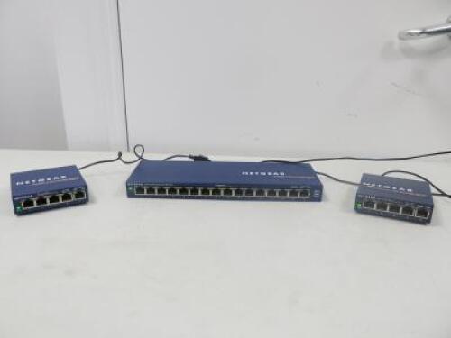 3 x Netgear Pro Safe Switches to Include: 1 x 16 Port Gigabit Switch, Model GS116 & 2 x 5 Port Gigabit Switch Model GS105.Comes with 3 x Power Supplies.