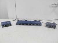 3 x Netgear Pro Safe Switches to Include: 1 x 16 Port Gigabit Switch, Model GS116 & 2 x 5 Port Gigabit Switch Model GS105.Comes with 3 x Power Supplies.