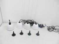 4 x White Enamel Ceiling Lights, Size 15cm. Comes with Hooks & Shades & 240v Plug.