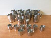 Assorted Lot of 16 Stainless Steel Milk Jugs to Include: 4 x Large, 4 x Medium & 8 x Small.