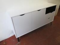 3 Drawer 2 Door Wooden Side Table in White & Black with Black Wooden Legs. Size H82cm x W147cm x D39cm.