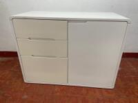 3 Drawer 1 Door High Gloss Side Table in White, Size H66cm x W90cm x D39cm.