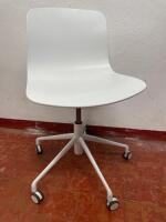 Pair of Height Adjustable Swivel Chairs on White Metal Frame.