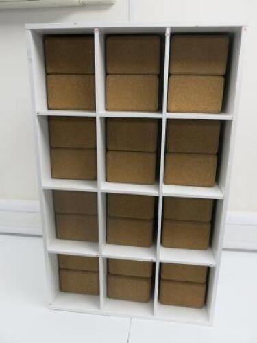 24 x Manduka Yoga Cork Blocks, Size 10cm x 23cm x 15cm. Comes with Storage Rack.