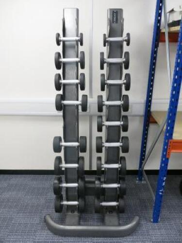 Set of 20 Jordan Dumbbells on Metal Freestanding Rack. Range 1-10kg NOTE: Missing 2 x 8 Kg & 1 x 5 kg.