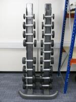 Set of 20 Jordan Dumbbells on Metal Freestanding Rack. Range 1-10kg NOTE: Missing 2 x 8 Kg & 1 x 5 kg.