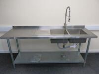 Stainless Steel Twin Sink Unit with Left Hand Drainer, Flexible Pull Down Mixer Tap & Shelf Under. Size H85cm x W180cm x D60cm