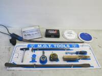 Qty of Assorted Mot Testing Equipment to Include: 1 x MOT Tool Board, 2 x Brake Efficiency Calculators, Blue Point Tow Bar Tester & 1 x Manual.