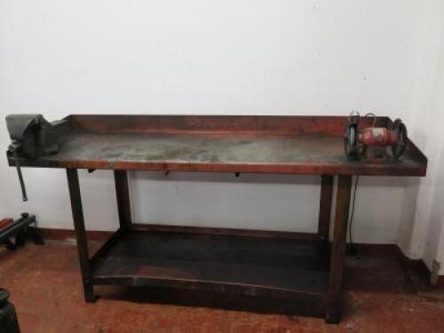 Steel Work Bench with Shelf Under, Size H87cm x W201cm x D65CM. Comes with Record No 6 Vice & Sealey Bench Grinder.