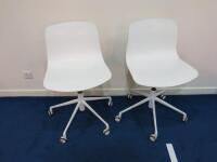 Pair of Height Adjustable Swivel Chairs on White Metal Frame.