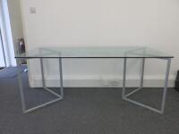 Glass Top Table on Metal Frame Legs, Size H71cm x W180cm x D82cm. No VAT on Lot.  