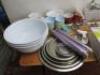 Large Quantity of Commercial & Domestic Kitchen Accessories to Include:Qty of White Crockery & Plastic Rice Bowls, 2 x Plastic Trays, 3 x Large Plastic Mixing Bowls,9 x Assorted Sized Metal Serving Trays, 2 x Mechline Grease Paks, 4 x Assorted Baking Tool - 5