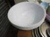 Large Quantity of Commercial & Domestic Kitchen Accessories to Include:Qty of White Crockery & Plastic Rice Bowls, 2 x Plastic Trays, 3 x Large Plastic Mixing Bowls,9 x Assorted Sized Metal Serving Trays, 2 x Mechline Grease Paks, 4 x Assorted Baking Tool - 6