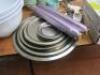 Large Quantity of Commercial & Domestic Kitchen Accessories to Include:Qty of White Crockery & Plastic Rice Bowls, 2 x Plastic Trays, 3 x Large Plastic Mixing Bowls,9 x Assorted Sized Metal Serving Trays, 2 x Mechline Grease Paks, 4 x Assorted Baking Tool - 7