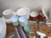Large Quantity of Commercial & Domestic Kitchen Accessories to Include:Qty of White Crockery & Plastic Rice Bowls, 2 x Plastic Trays, 3 x Large Plastic Mixing Bowls,9 x Assorted Sized Metal Serving Trays, 2 x Mechline Grease Paks, 4 x Assorted Baking Tool - 8