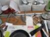 Large Quantity of Commercial & Domestic Kitchen Accessories to Include:Qty of White Crockery & Plastic Rice Bowls, 2 x Plastic Trays, 3 x Large Plastic Mixing Bowls,9 x Assorted Sized Metal Serving Trays, 2 x Mechline Grease Paks, 4 x Assorted Baking Tool - 10