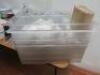 Large Quantity of Commercial & Domestic Kitchen Accessories to Include:Qty of White Crockery & Plastic Rice Bowls, 2 x Plastic Trays, 3 x Large Plastic Mixing Bowls,9 x Assorted Sized Metal Serving Trays, 2 x Mechline Grease Paks, 4 x Assorted Baking Tool - 13
