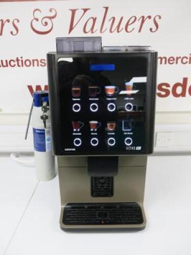 Azkoyen Bean to Cup Automatic Coffee Machine, Model VITRO S1 ESP+ 2/GB/M03, DOM 11/2019. Comes with Brita Purity C150 Quell ST Water Softener.