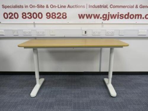 Ikea Bekant Oak Veneer Office Desk with Height Adjustable White Legs, Size W140cm x D60cm.