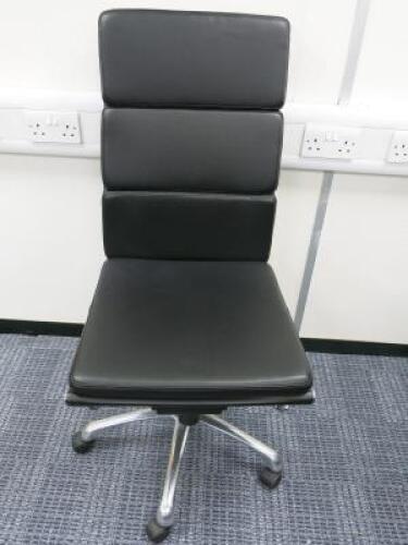 Soft Pad Height Adjustable High Back Office Swivel Chair, Upholstered in High Class Black Leatherette with Chrome Base.