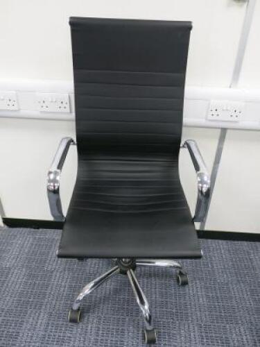 High Back Office Swivel Chair Upholstered in Black Faux Leather on Chrome Base.