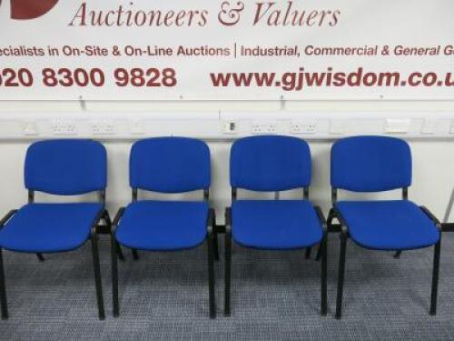 4 x Conference Stacking Chairs, Upholstered in Blue Sack Cloth on Black Metal Frame.